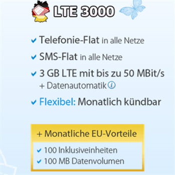 德国全网通话短信免费＋3GB LTE高速上网+赠送欧洲境内通话流量手机卡