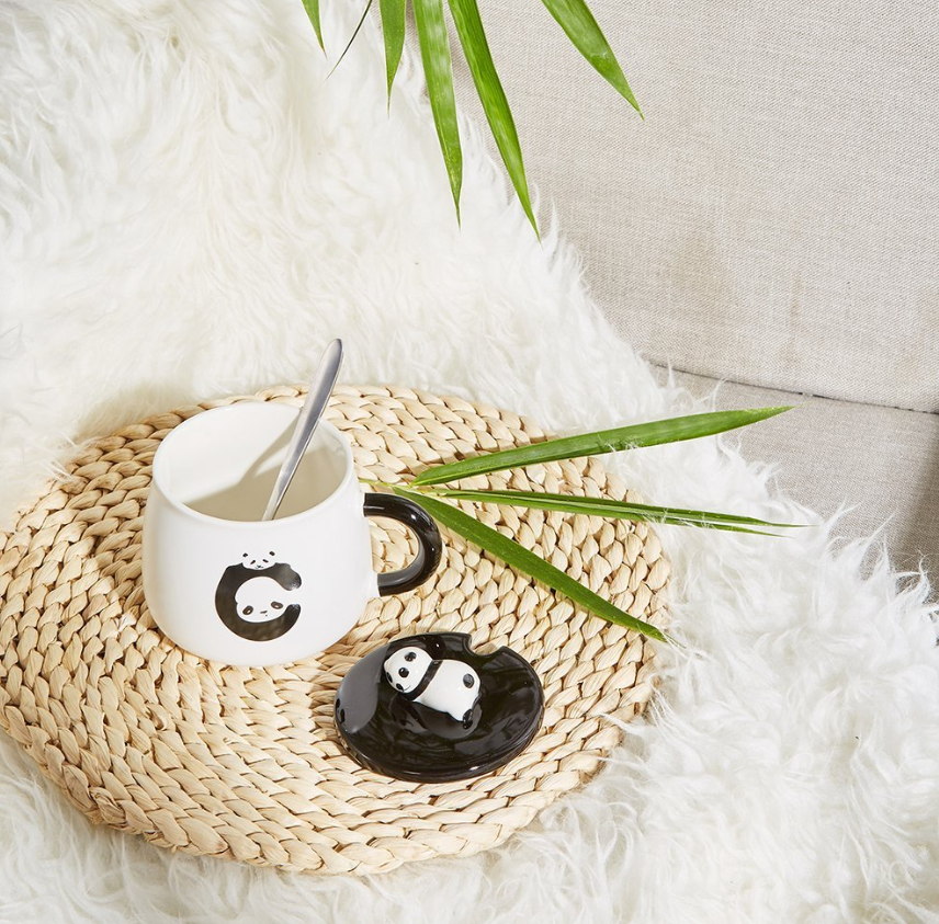 全世界都是熊猫控 手绘3D熊猫陶瓷带盖勺咖啡杯