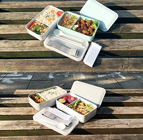 PuTwo 双层午餐盒防带餐具适用于微波炉和洗碗机