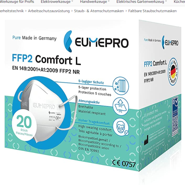 德国制造 EUMEPRO FFP2口罩20支装 舒适L型